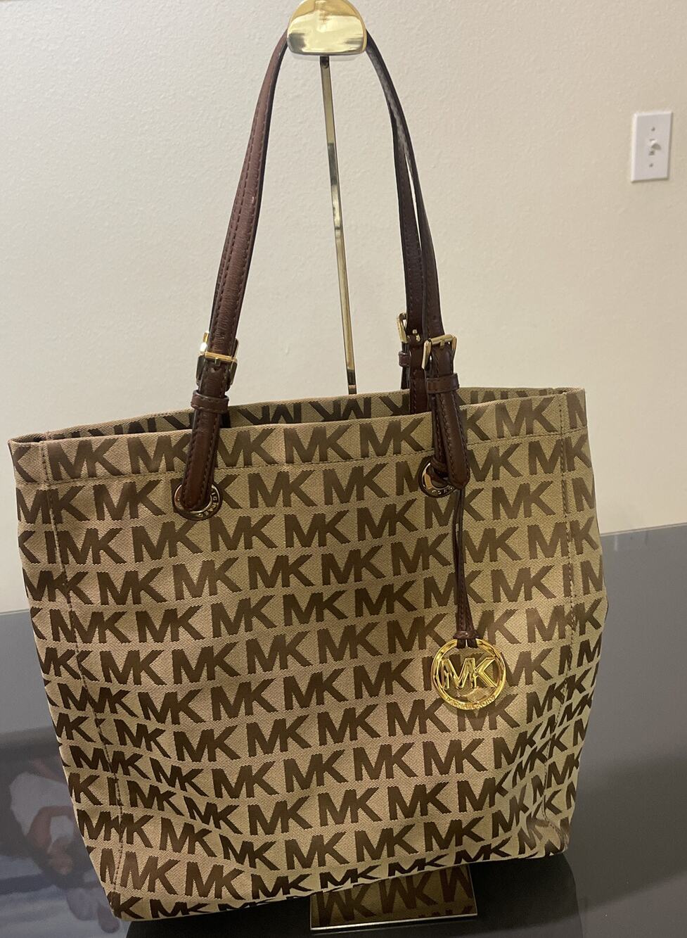 Michael Kors Jet Set MK Logo Brown Beige Canvas Tote Bag Purse